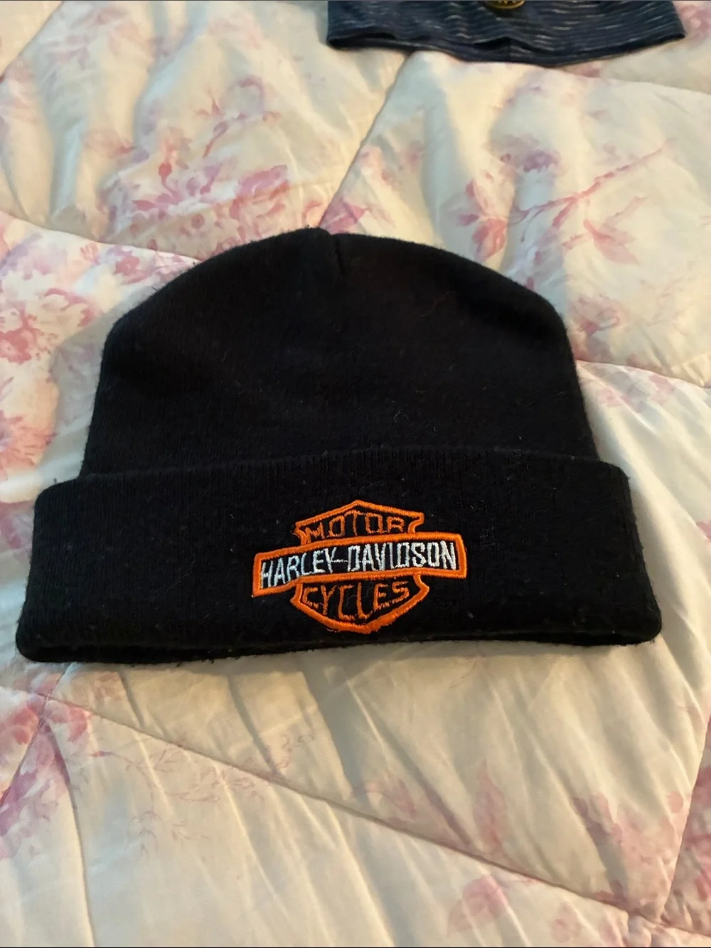 Harley-Davidson Black Knit Beanie with Orange Logo Patch